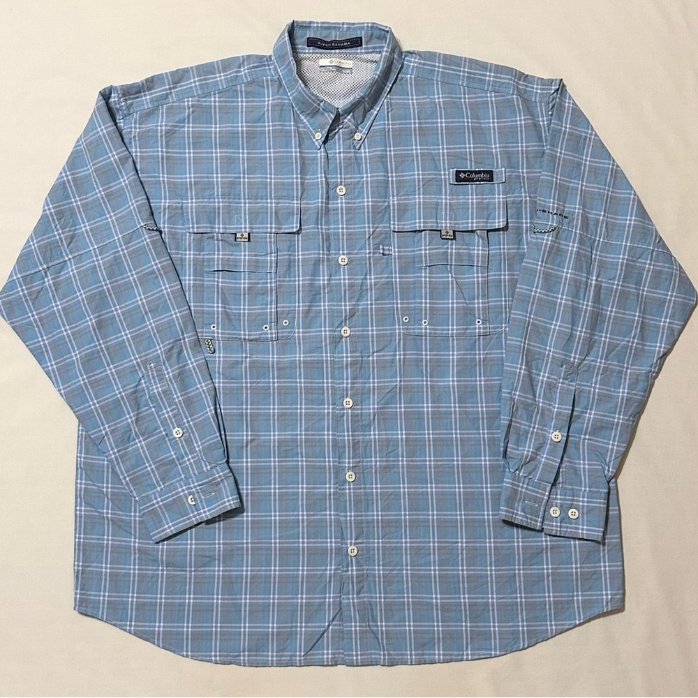 Columbia PFG Super Bahama Blue Plaid L/S Button-Down Collared Sport Shirt - XL